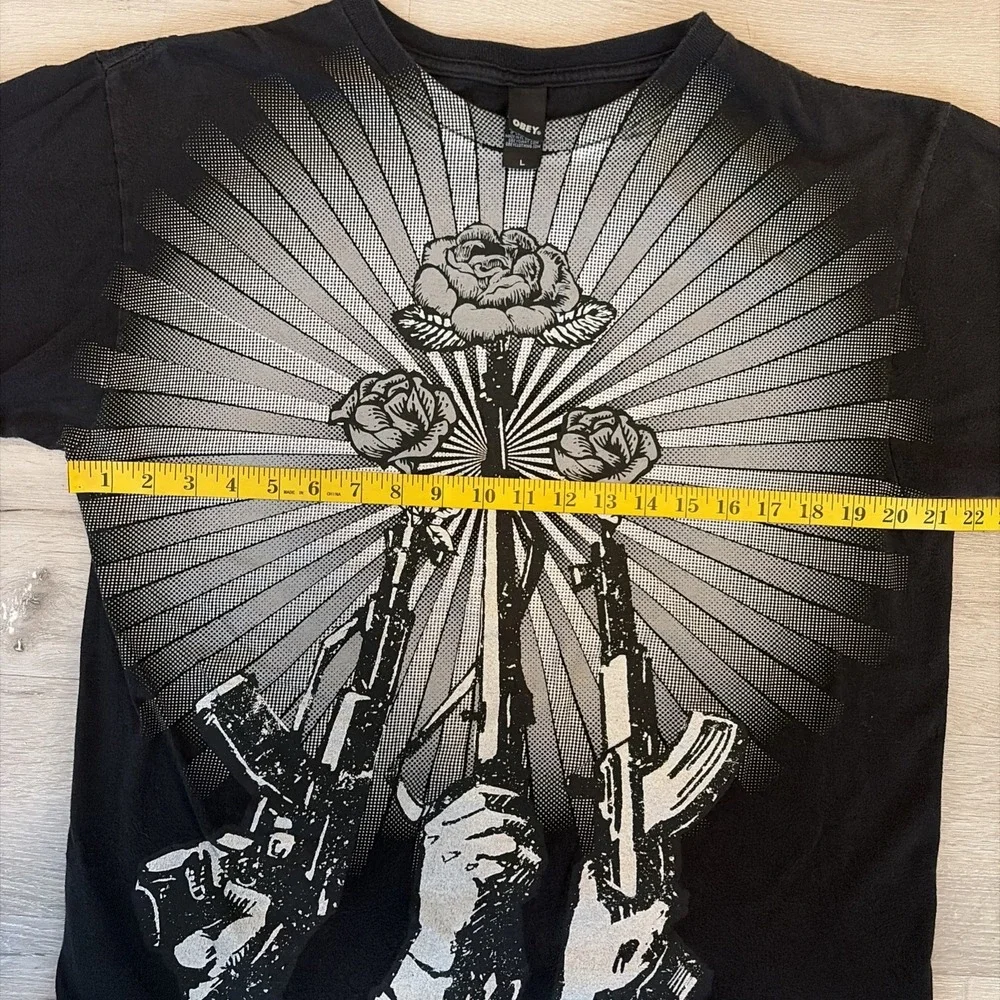 Vintage Y2K Obey Guns And Roses T Shirt Men's Large Black Front AOP
